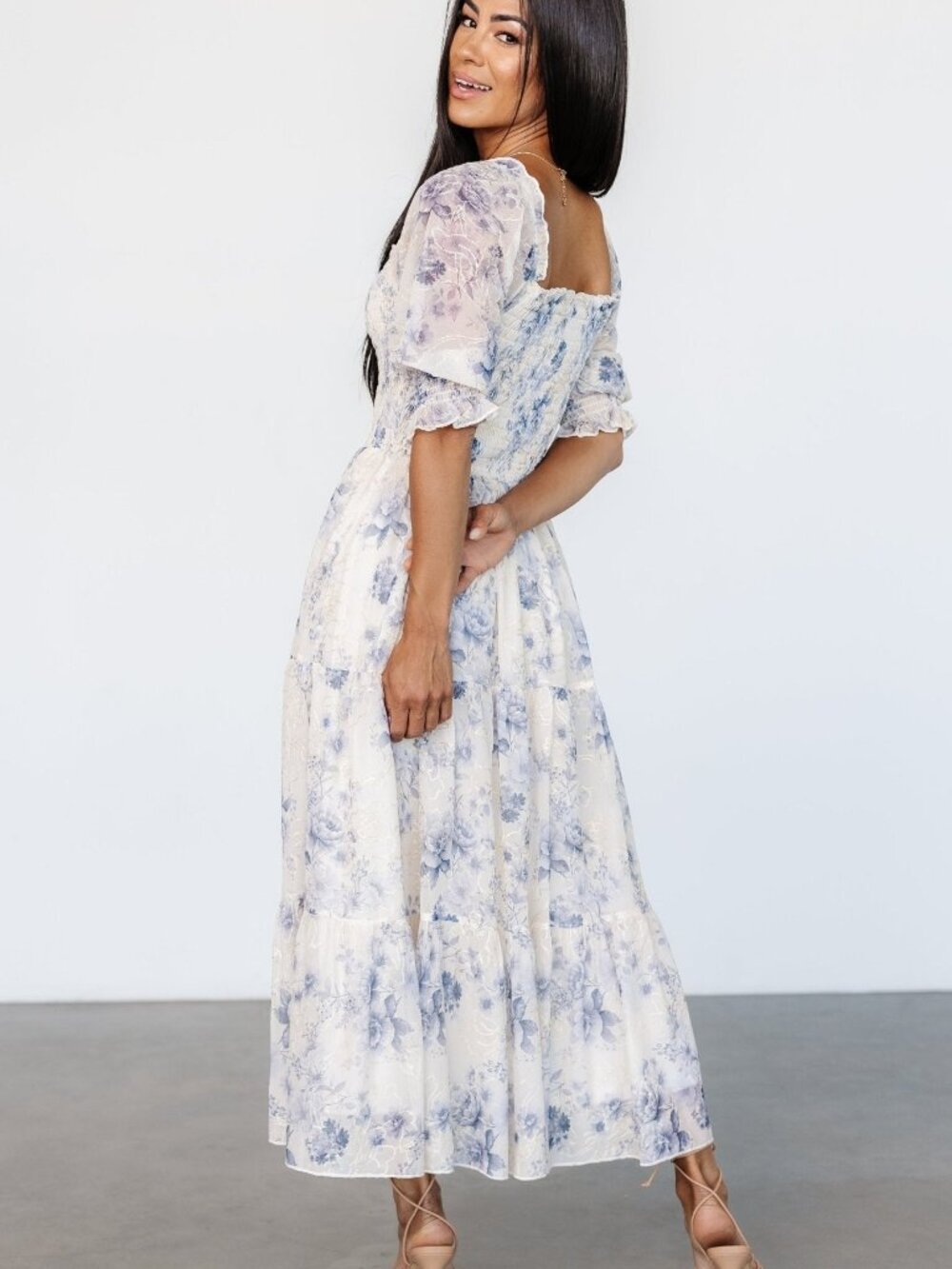 Baltic Born Fabian Jacquard Midi Dress | Cream + Blue Floral Size XLXL - Picture 3 of 5